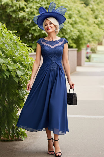 Navy A Line Midi Mother of the Bride Dress with Appliques